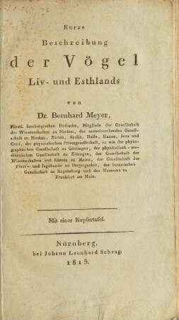 Kurze Beschreibung der Vögel Liv- und Esthlands