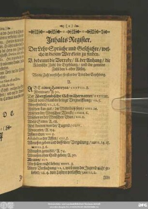 Inhalts-Register. Der Lehr-Sprüche und Geschichte/ welche in diesem Wercklein zu finden.
