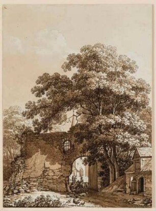 Burgruinentor mit Straße und Kirche: Burgruine Schwerta im gleichnamigen Dorf in der Oberlausitz (heute Świecie in Leśna (Marklissa) in Polen) nach dem Brand 1820