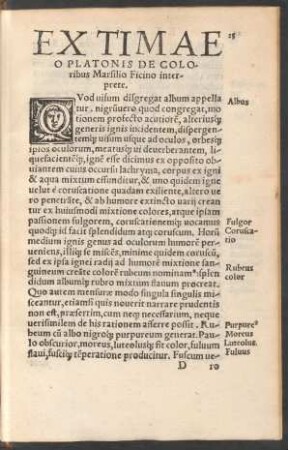 Ex Timaeo Platonis De Coloribus Marsilio Ficino interprete.