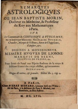 Remarques Astrologiques sur le commentaire de Centilogue de Ptolomee par Nicolas de Bourdin
