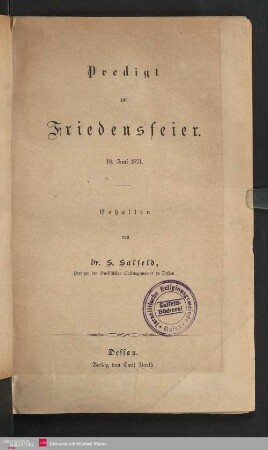 Predigt zur Friedensfeier : 18. Juni 1871