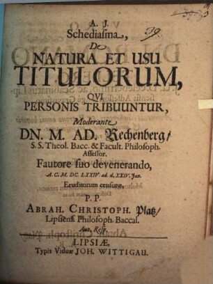 Schediasma, De Natura Et Usu Titulorum, Qui Personis Tribuuntur
