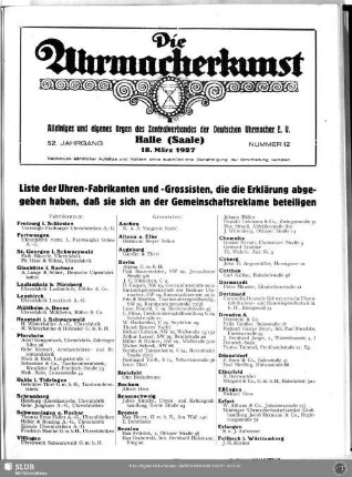 Liste der Uhren-Fabrikanten und -Grossisten, die die Erklärung abgegeben haben, daß sie sich an der Gemeinschaftsreklame beteiligen