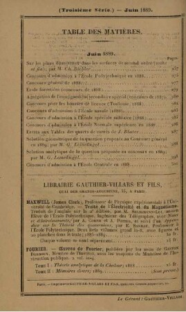 Table des matières. Juin 1889.
