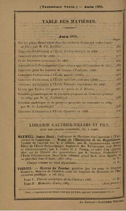 Table des matières. Juin 1889.