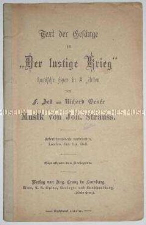 Textheft zur Operette "Der lustige Krieg", veröffentlicht unter dem Pseudonym F. Zeller