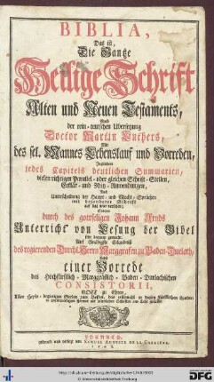 Biblia, Das ist, Die Gantze Heilige Schrift Alten und Neuen Testaments