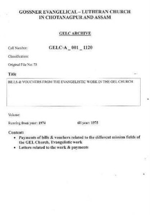 BILLS & VOUCHERS FROM THE EVANGELISTIC WORK IN THE GEL CHURCH