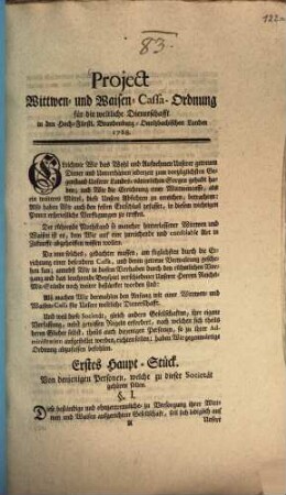 Project Wittwen- und Waisen-Cassa-Ordnung für die weltliche Dienerschafft in den Hoch-Fürstl. Brandenburg-Onolzbachischen Landen