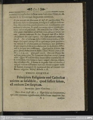 Thesis secunda. Principum Religionis vere Catholicae unicum ac infallibile, quod sufficit solum, est verbum Dei scriptum