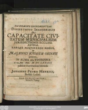Dissertatio Inauguralis De Capacitate Civitatum Municipalium Iurisdictionis Ecclesiasticae, Eamque Acquirendi Modis