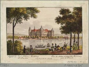Schloss Moritzburg nach Nordosten, mit Gondeln und Reitern im Vordergrund