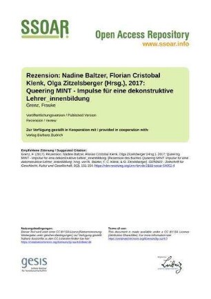 Rezension: Nadine Baltzer, Florian Cristobal Klenk, Olga Zitzelsberger (Hrsg.), 2017: Queering MINT - Impulse für eine dekonstruktive Lehrer_innenbildung