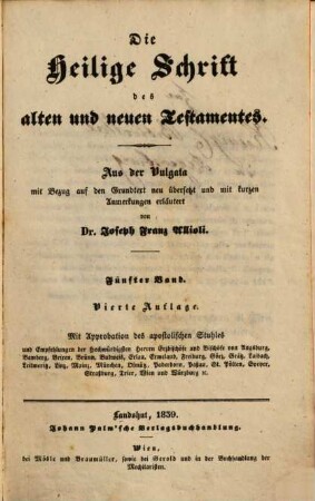 Die Heilige Schrift des alten und neuen Testamentes : aus der Vulgata mit Bezug auf den Grundtext, 5. N.T., T. 1