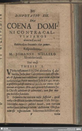 Disputatio XIX. De Coena Domini Contra Calvinianos anaskeuastikē