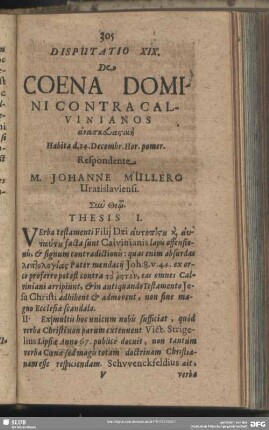 Disputatio XIX. De Coena Domini Contra Calvinianos anaskeuastikē