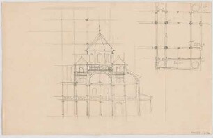 Thiersch, August ; Augsburg (Bayern); Kirche, Projekt - Teilgrundriss, Schnitt
