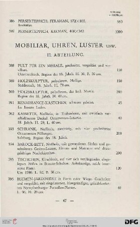 Mobiliar, Uhren, Luster (Nr. 388-423)