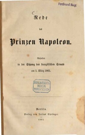 Rede des Prinzen Napoleon : Gehalten in der Sitzung des französischen Senats am 1. März 1861