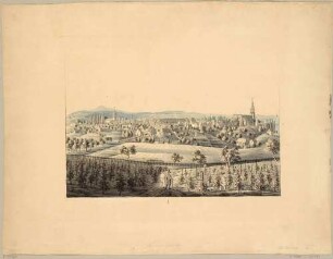 Stadtansicht von Königsbrück in der Oberlausitz, Blick aus nordöstlicher Richtung, rechts die evangelische Hauptkirche