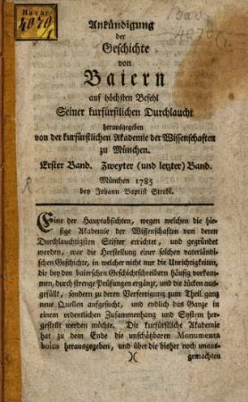 Ankündigung der Geschichte von Baiern