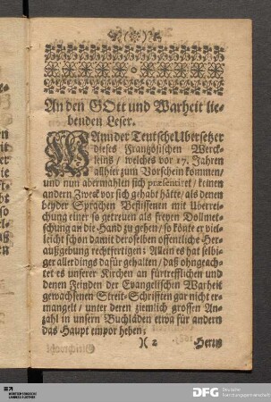 An den GOtt und Warheit liebenden Leser.