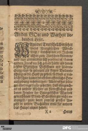 An den GOtt und Warheit liebenden Leser.