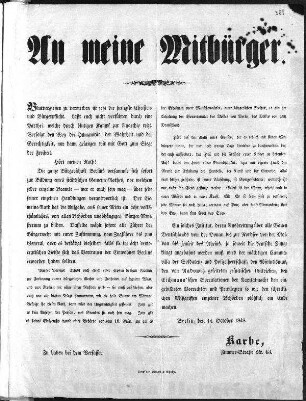 An meine Mitbürger. Blutvergießen zu vermeiden ist jetzt die heiligste Christen= und Bürgerpflicht. (Sammlung Friedlaender)