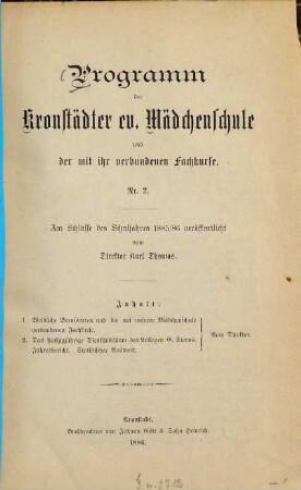 Programm der Kronstädter Evangelischen Mädchenschule. 2. 1885/86 (1886)