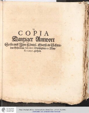 Copia Dantziger Antwort So sie auff Ihre Königl. Mayst. in Schweden Schreiben/ sub dato Dantzig den 27. May/ st. v. 1656. gethan.