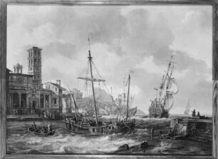 Italienischer Hafen mit Segelschiffen und Staffage
