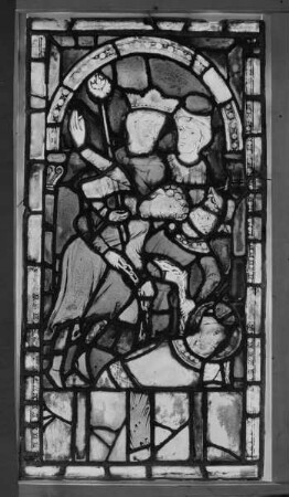 Szenen aus dem Leben der Heiligen Cosmas und Damian — Die beiden Heiligen werden an Ketten gebunden und ins Meer geworfen; oben Lysias