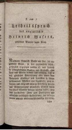 Urtheilsspruch des unglücklichen Heinrich Wasers, gewesenen Pfarrers beym Kreuz.