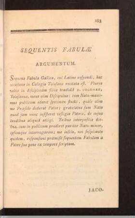 Sequentis Fabulae: Argumentum.