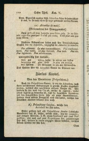 110-112, Fünftes Kapitel. Von den Vorwörtern (Prépositions)
