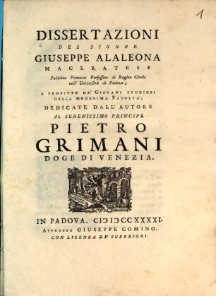 Dissertazioni del Signor Giuseppe Aleleona Maceratese, Pubblico Primario Professore di Ragion Civile nell'Università di Padova, a Profitto de'Giovanni Studiosi della medesima Facoltà