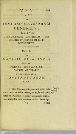 Lib. III. De Diversis Caussarum Generibus Et Tum Iurisdictionis Cameralis Tum Ordinis Iudiciarii In Illis Differentia