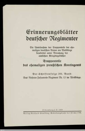Das Reserve-Infanterie-Regiment Nr. 13 im Weltkriege : auf Grund der amtlichen Kriegstagebücher