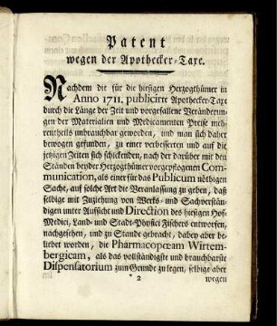 Patent wegen der Apothecker-Taxe.
