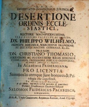 Dissertatio inauguralis iuridica de desertione ordinis ecclesiastici