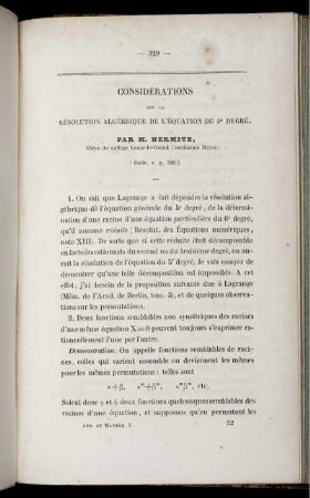 Considérations sur la résolution algébrique de l´équation du 5 degré.