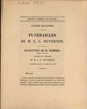Funérailles de M. L. G. Duvernoy : allocution de M. Duméril ... le lundi 5 mars 1855
