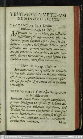 Testimonia Veterum De Minucio Felice