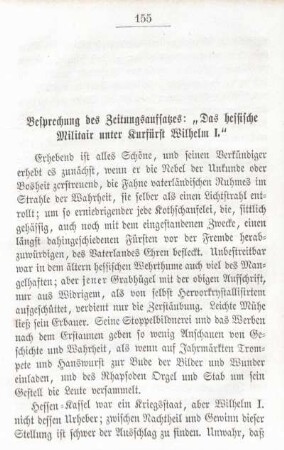 Besprechung des Zeitungsaufsatzes: "Das hessische Militair unter Kurfürst Wilhelm I."