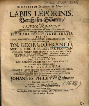Dissertatio Inauguralis Medica De Labiis Leporinis : = Von Hasen-Scharten