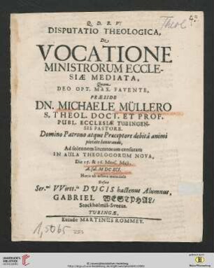 Disputatio Theologica, De Vocatione Ministrorum Ecclesiae Mediata
