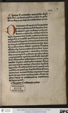 Incipit tractatulus venerabilis magistri Johannis Gerson, cancellarii Parisiensis, tractans de pollutione nocturna, an impediat celebrantem vel non.