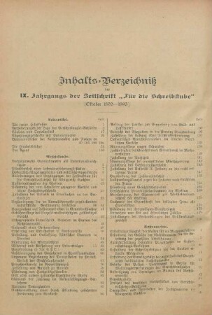 Inhalts-Verzeichniß des IX. Jahrgangs der Zeitschrift "Für die Schreibstube"