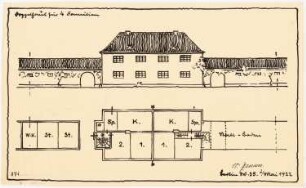 Musterhäuser für Kleinsiedlungen: Doppelhaus für 4 Familien Vorderansicht und 2 Grundrisse